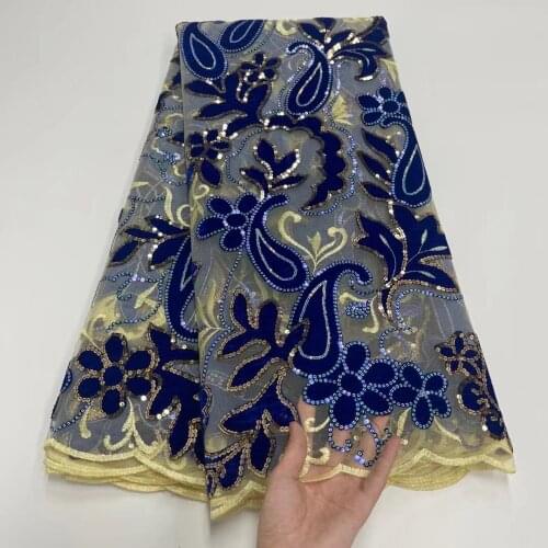 Royal Blue French Net Lace Fabric With Sequins Velvet Fabric 2021 High Quality Velvet Lace African Lace Fabric For Wedding Party
