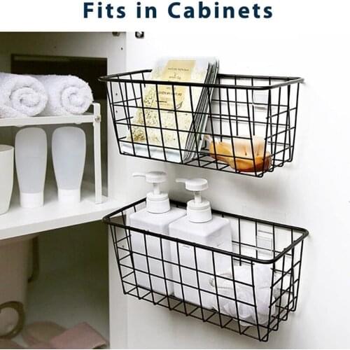 Metal Hanging Wire Basket with Hooks for Storage Wall Mount on Door Sturdy Organizer Holder 4 Pack