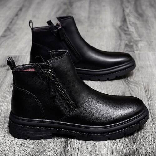 Genuine Leather Mens High-Top Shoes Winter Plus Fleece Slip-On Martin Boot Outdoor Keep Warm Design Casual Snow Cotton Boots