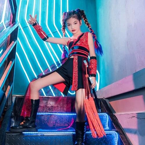 New ChildrenS Day Stage Clothes Jazz Dance Red Sequin Clothes Girls Hip Hop Suit Kids Street Dance Performance Costumes DQL5313
