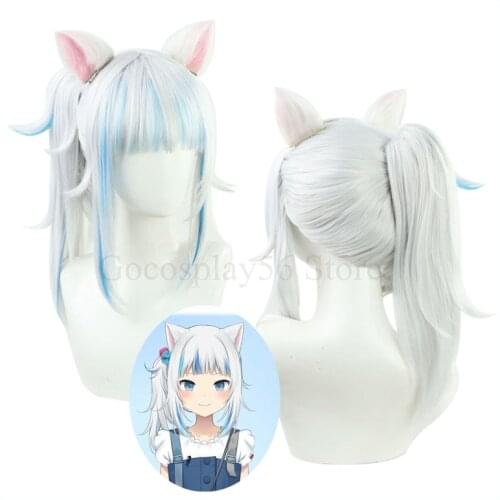 Hololive EN Gawr Gura Wig Ears VTuber Girls Cosplay Gray Mixed Blue Long Straight Wavy Synthetic Hair Role Play