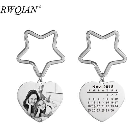 Personalized Photo Calendar Keychain Stainless Steel Heart Ring Printed Text Picture Key Chain For Men Women Custom Jewelry