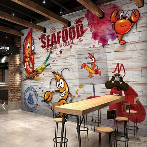 Custom 3d wallpaper Wooden wall hand painted spicy crayfish seafood mural restaurant kitchen decoration wallpaper