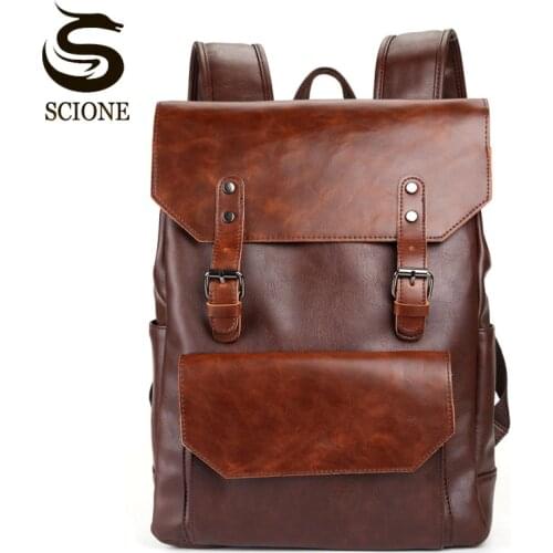 Vintage Style Men PU Leather Backpack Mens Fashion Waterproof Backpack Male College High School Bags Rucksack Travel Bag Mochila