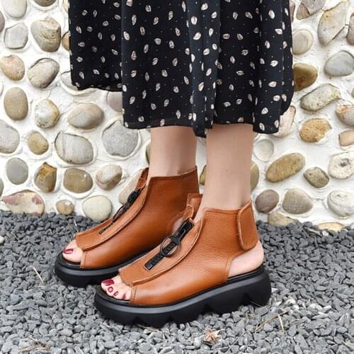 Casual Women Sandals Platform Wedge Zipper Open Toe Summer Shoes Modern Footwear Soft Leather Outer Rome