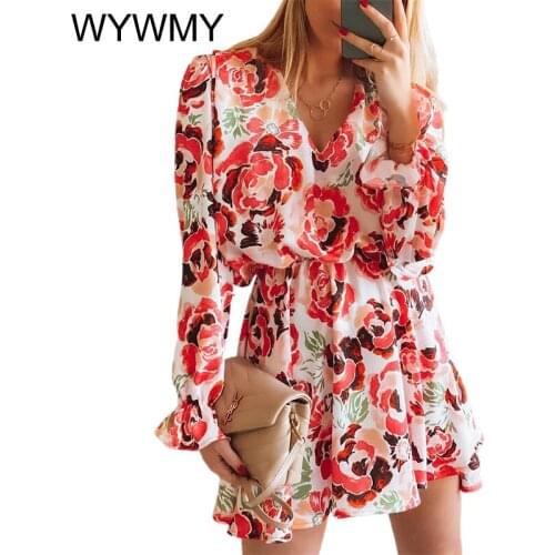 Spring Floral Print Dress High Waist Slim V-neck Bubble Sleeve Chiffon Dress Autumn Casual Long Sleeve Elegant Women Mini Dress