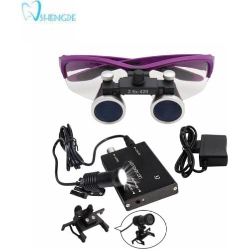 Purple 2.5X 420 mm Dental Loupe Magnifier Binocular Magnifier Surgery Surgical Medical Operation Loupe with Spotlight Head Light
