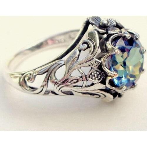 Vintage Big Mystic Rainbow Color Crystal Ring For Women Fashion Hollow Out Pattern Flower Ring Wedding Engagement Jewelry