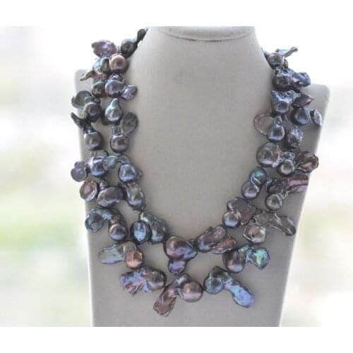 Z10550 2Row 20" 30mm Black Baroque Angle-Wing Keshi Pearl Necklace CZ