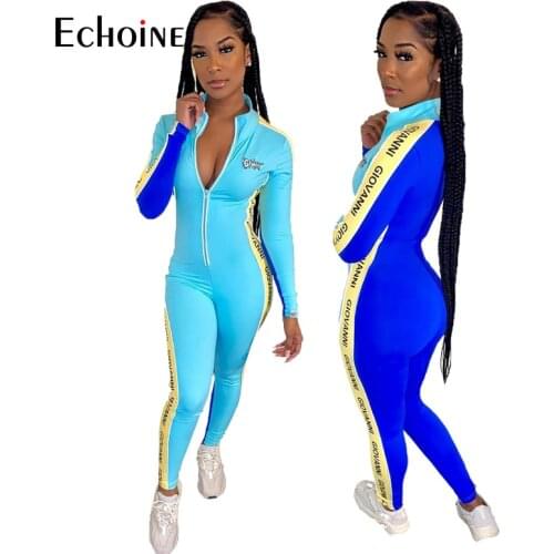 Echoine Autumn Letter Print Color Matching Patchwork Sexy Long Sleeve Zipper Jumpsuit Woman Bodycon Sweatpants Joggers Rompers