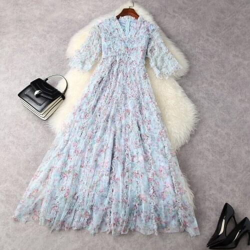 European and American womens wear for summer 2021 V neck with five-quarter sleeve Net yarn printing Fashion pleated dress