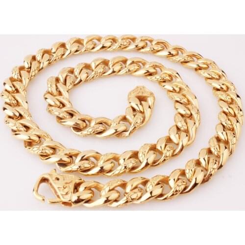 14mm Cool Stainless Steel Charming Gold Color Buckle Cuban Curb Pattern Chain Mens Womens Necklace Or Bracelet Jewelry 7-40"