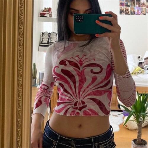 2000s Aesthetic Fairycore Grunge Cute Floral Tops Women Kawaii Printed Sweet Crop Baby Tee Y2K Long Sleeve Autumn Tshirts EGirl