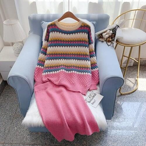 2020 autumn womens knitted suit sweater skirt women loose pullover lazy sweater skirt two-piece suit