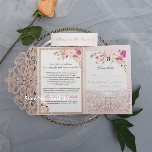 50 Pieces/Lot) Pink Flower Print Wedding Party Invitation Set with RSVP Card and Envelope DIY Luxury Greeting Card For Marriage