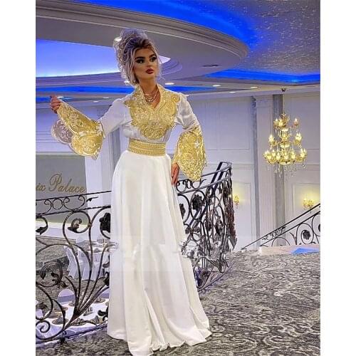 White Arabic Satin Evening Dresses Flared Sleeves Gold Lace Mermaid Prom Dress robe de soiré Traditional Kosovo vestidos