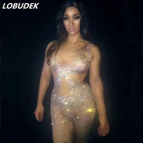 Sparkly Crystals Stones Jumpsuit Nightclub DJ Singer Women Costume Sexy Leotard Bodysuit Bar Party Show Dance Wear One Piece