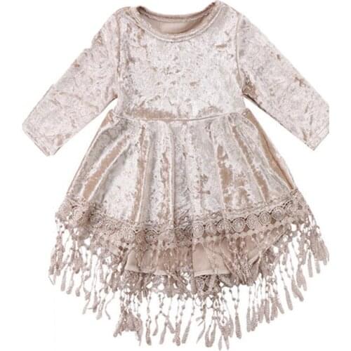 Princess Infant Baby Girls Silver velvet Dress Kids Long Sleeve Retro Dress Solid A-Line Pleuche Tassel Dresses Clothing Wear