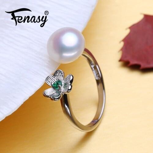 FENASY New Genuine Natural Freshwater Pearl Rings For Women Bohemian Green Stones Emerald Flower Ring Silver Color Accessories