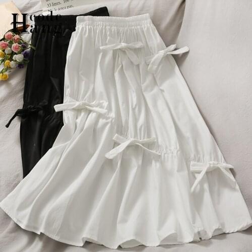 HangCode Fashion Summer Skirts 2021 Elegant Women White Black Folds Bow Decoration Long Skirt High Waist Big Swing Korean Skirts