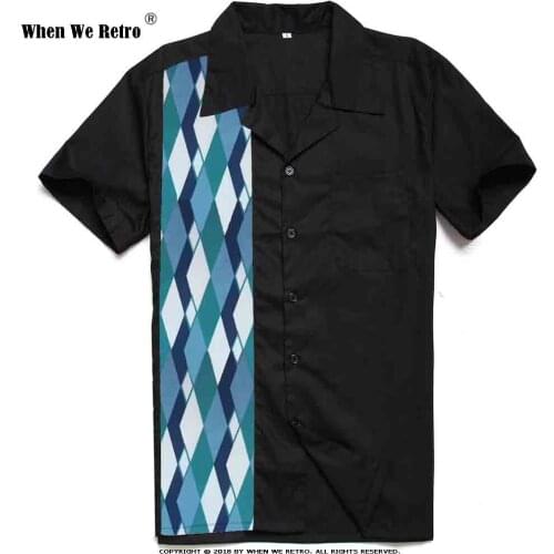 When We Retro Geometric Print Black Shirt Short Sleeve Cotton Vintage Retro 1950s Men Shirts Top Clothing ST110 Dress Shirt