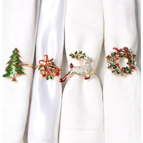 Alloy Christmas Tree Napkin Rings Elk Bow Flower Wreath Mouth Ring Wedding Banquet Party Decor Napkin Holder Table Towel Buckles