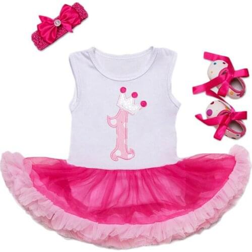 New Born Baby Girl Bodysuit Sets 3pcs Sets Tutu Romper Pink Jumpsuits headband Shoe Birthday Party Pink Cake Girls Clothing Sets