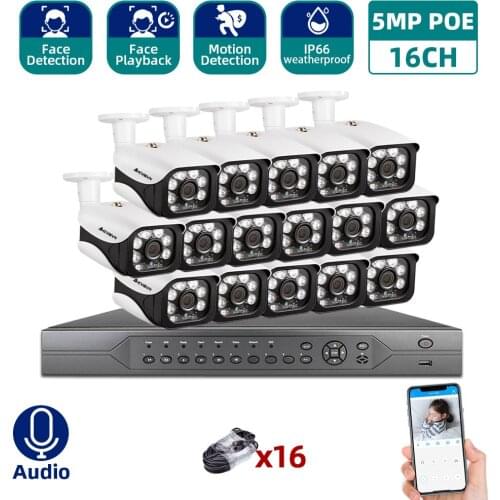 AHCVBIVN 4K H.265 16CH CCTV Security NVR Kit 5MP Outdoor Waterproof IP Camera POE Security Video Surveillance Set