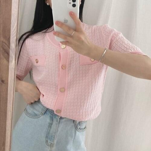 Sweet Pink Summer T-Shirts Women O-Neck Single Breasted Knitted Shirts Tops Loose Short Sleeve Korean Cardigans Outwear Z413