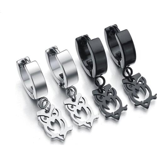 New Design Owl Pendant Stainless Steel Dangle Earrings For Men Mens Fashion Punk Cool Black Silver Color Jewelry