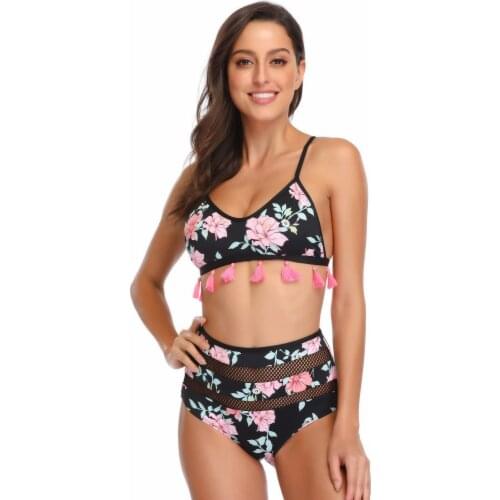 New High Waist Women Bandeau Bandage Bikini Padded Set Swimwear Beachwear Printing Sexy Swimsuit