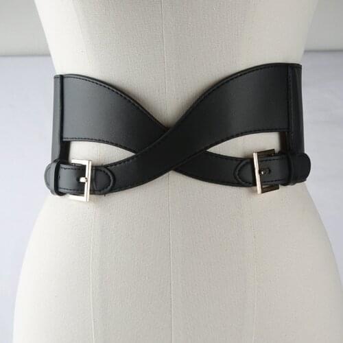 New Women Punk Three-Row Pin Buckle Elastic Belt Double Buckle Cross Black Wide Belt Hundred Dress Suit Accessories Waistband