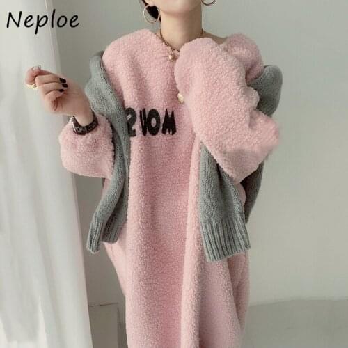 Neploe Oversized Autumn O-neck Long Robe Female Letter Patch Design Loose Casual Vestidos Mujer 2021 Long-sleeve Lamb Wool Dress