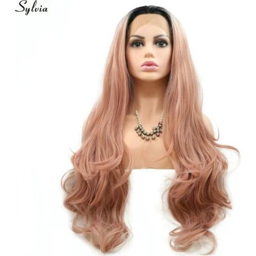Sylvia Ombre Natural Wavy Wigs Rose Gold Pink Wig Synthetic Lace Front Wigs Heat Resistant Fiber Hair With Dark Roots For Women