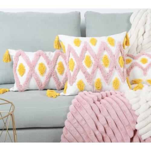 Pink Yellow Handmade Geometric Embroidery Cushion Cover Tassels Home Decor Pillow Cover 45x45cm/30x50cm Sofa PillowCase