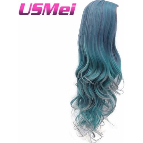 Usmei Blue Ombre Long Wavy Heat Resistant Fiber Synthetic Wig Natural Middle Part Cosplay Wigs for Charming Women