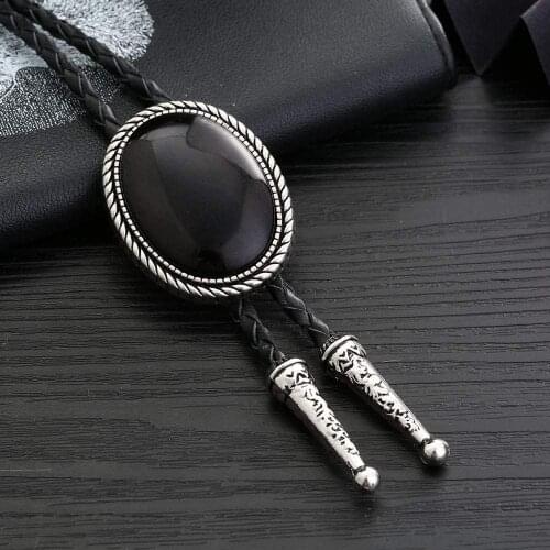 Vintage Bolo Tie Cowboy Western Bolo Tie with Black Stone Pendant Necklace