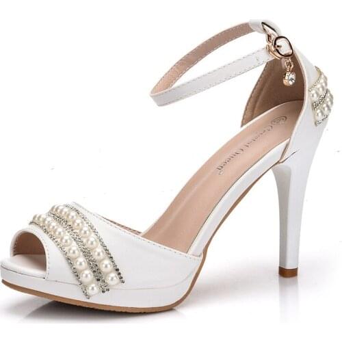 Women sandals wedding banquet PU Rhinestones Buckle Strap 10CM Thin High heels Peep Toe sandal women shoes 2020 size 35-42 white