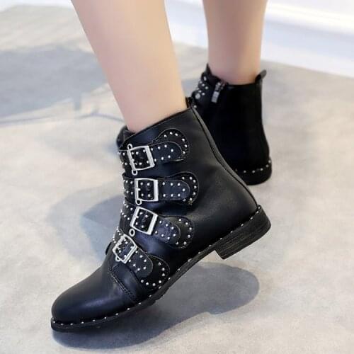 New Summer Spring Autumn Casual Rivet Fashion Female Boots Plus Size Black Belt Buckle Leather Boots Lightweight Shoes