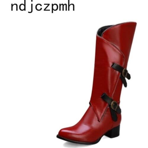 Womens Boots New Winter Fashion Round Head Color Matching Zipper Belt Buckle Low-heeled High Tube Womens Shoes Plus Size 35-46