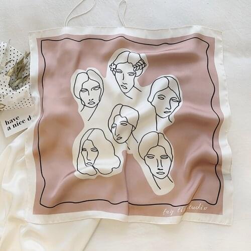Luna&Dolphin Designer Spring Women Square Scarf 70x70cm Lady Pink Human Face Printed Chiffon Silky Bandana Hijab Neckerchief