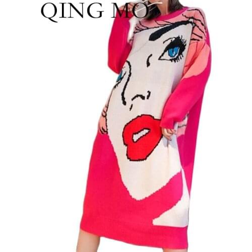 QING MO 2021 Winter New Women Clothing Printed Plus Size Women Dress Mid-length Long-sleeved Dress Pink Sweater Dress TT040Q