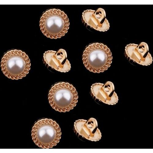 10 Pieces Round Crystal Faux Pearl Shank Buttons Costume Sewing Crafts Golden 10mm