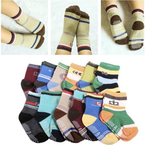 12Pairs/lot Kids Socks Childrens Anti-slip Boat Socks Boys Floor Sock with Rubber Grips 1-3Years