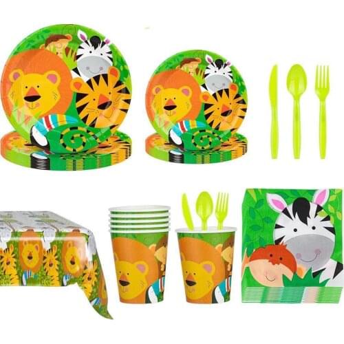 129Pcs/Set Jungle animals Theme Birthday Party Decor lion Birthday Disposable Tableware Set Paper Plate Cup Baby Shower Decor