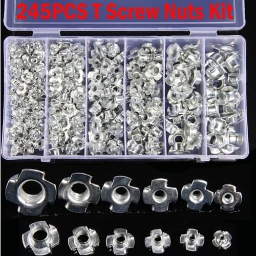 245PCS Zinc Plated Four Claws Nut Speaker Nut T-nut M3/M4/M5/M6/M8/M10 Blind Pronged Tee Nut Furniture Hardware