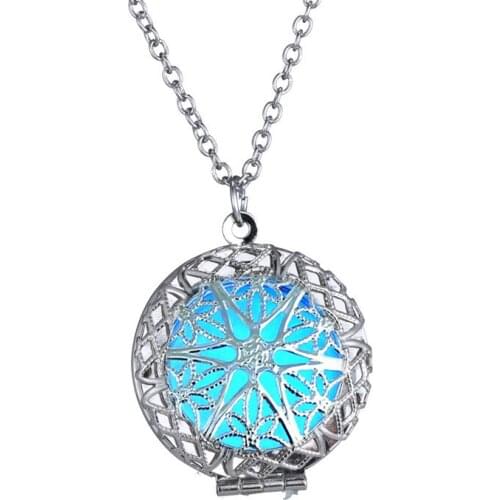 30pcs Luminous Round Necklace Glow In Dark Locket Pierced Hollow Round Shape Silver Plated Chain Pendant Kids Gift