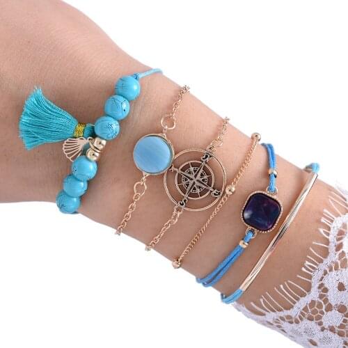 6 Piece Bohemia Boho Women Girl Lady Female Gold Color Chain Compass Bracelet, Tortoise Tassel Bracelet, Scallop Bracelet