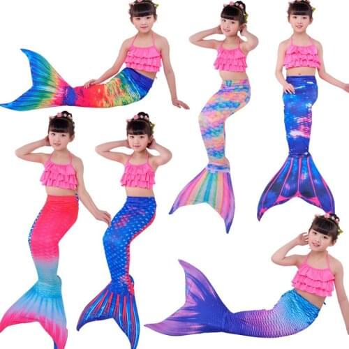 Girls Kids Rainbow Swimmable Mermaid Tail 3PCS Bikini Set Child Swimwear Swimming Halloween Costume Clothes Beachwear Dress