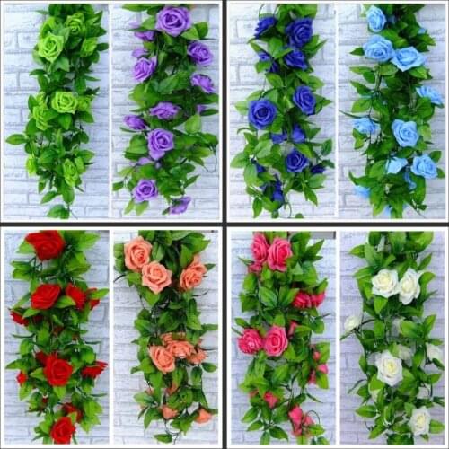 240CM long Artificial rose Silk Flower Vine Green Leaf Vine Garland for Home Wall Party Decorations 8 color